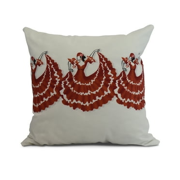 Simply Daisy, 18" x 18" 3 Cuban Dancers, Geometric Print Outdoor Pillow, Red Orange