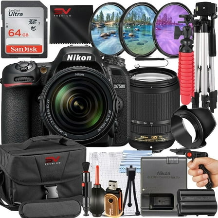 Nikon D7500 Mirrorless Camera with 18-140mm Lens   SanDisk 64GB Memory Card   Pistol Grip Tripod   SV Premium Accessory Bundle (International Version)