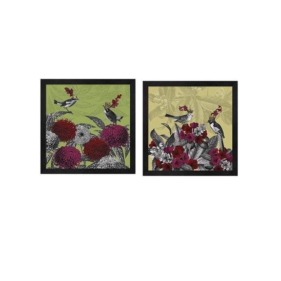 Metaverse Fab Funky 'Blooming Birds, Azalea & Chrysanthemum 1' Framed Art (Set of 2)