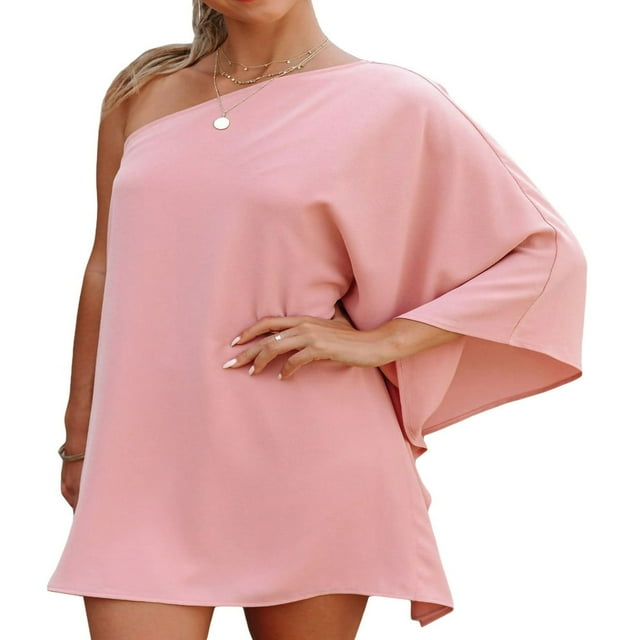 Robe Mini à une Épaule pour Femmes Manches Chauve-Souris Ample Club Fête Robe Courte