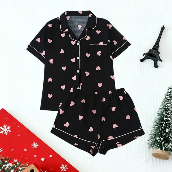 LSLJS Womens Pajama Sets Shorts Lapel Button Down Pajamas Sets Trendy Cute Valentine's Day Heart Print Sleepwear