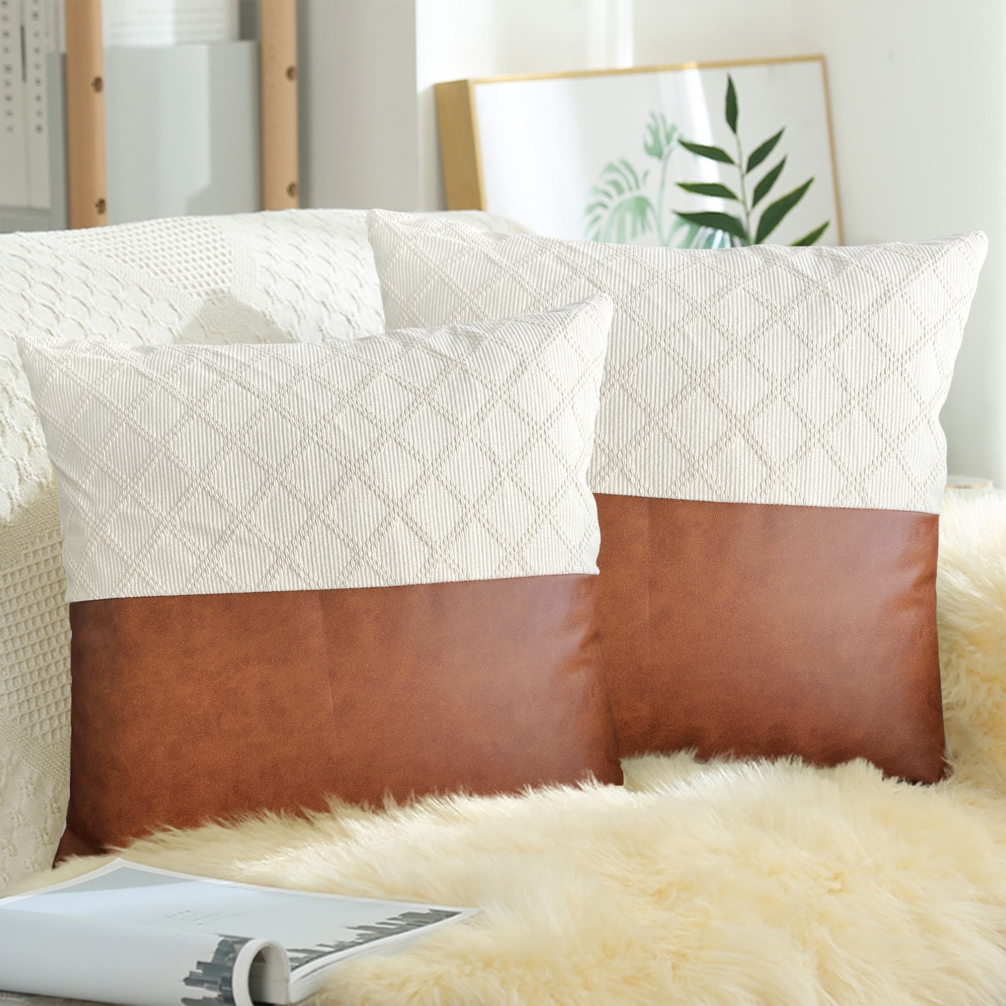 Juyafio Brown Throw Pillow Covers 18X18 Faux Leather Pattern Modern