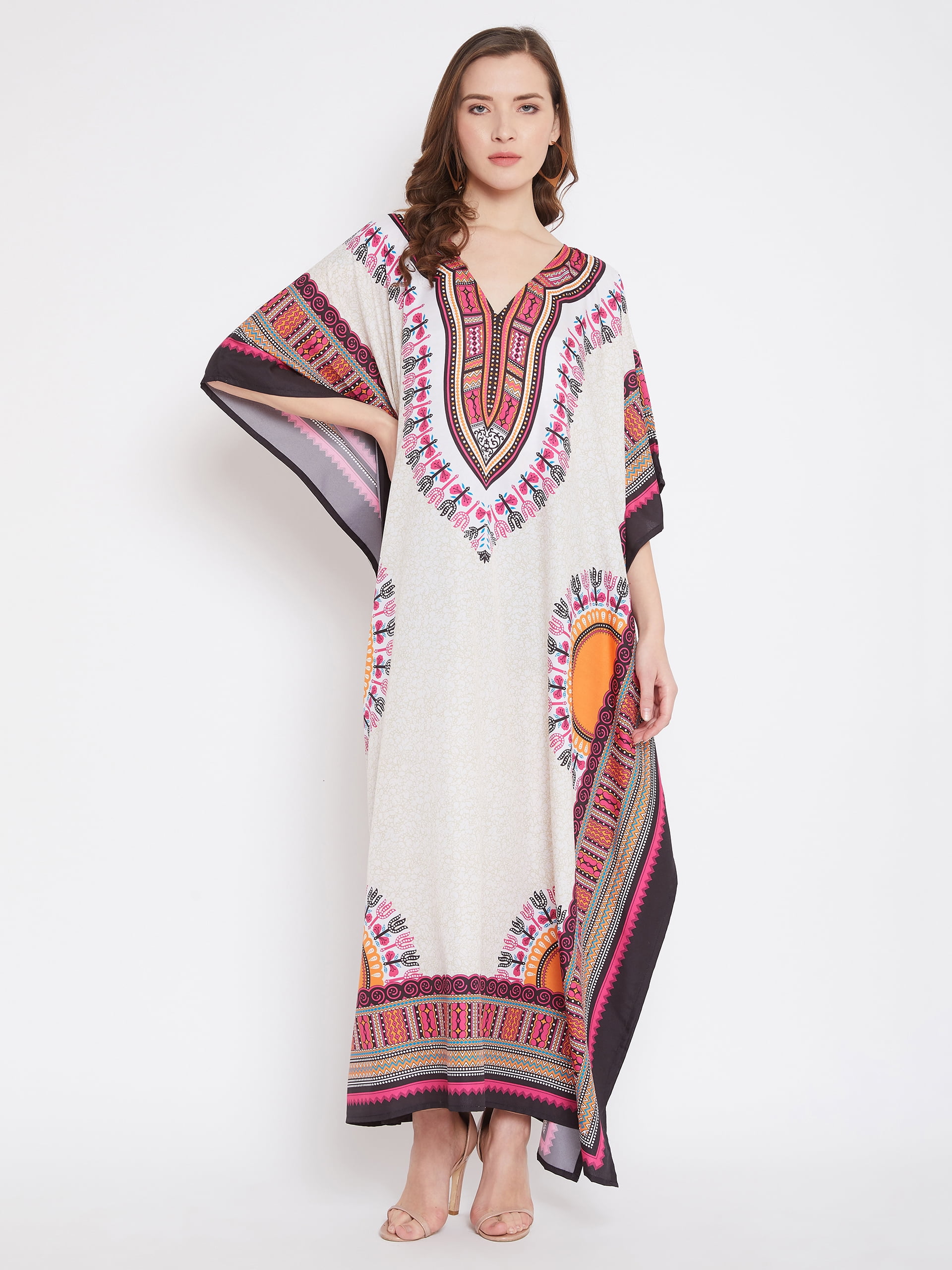 Woman Oversized Tribal Floral Design  Maxi Kimono Kaftan Tunic Dress Free Size