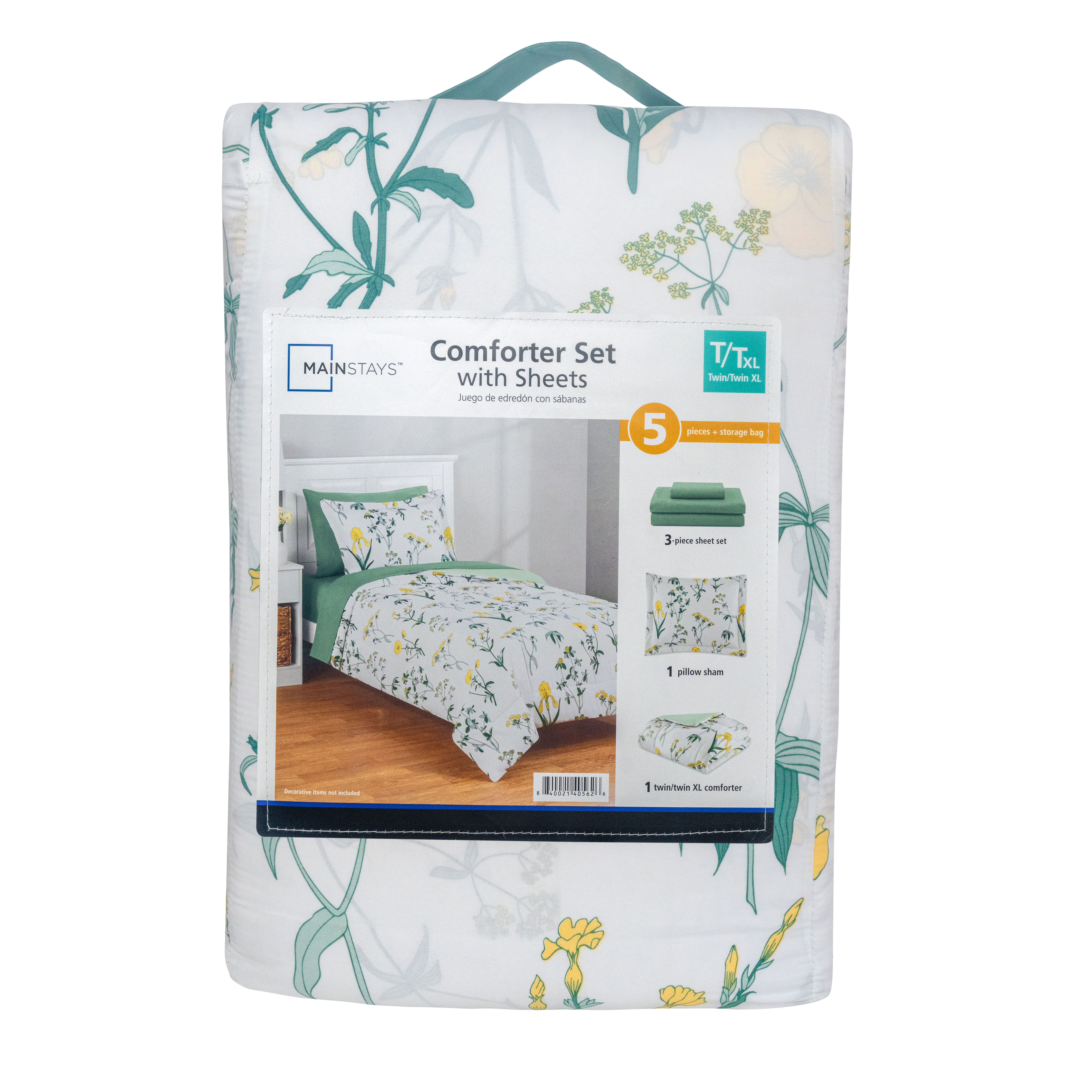 Mainstays All in One Reversible Comforter and Sheet set- 5 Piece, Twin, Golden Floral