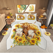 Manfei Farmhouse Sunflower Child Full Size Comforter Sets, Cartoon Farmhouse Cow Bedding Comforter Set, Kawaii Rustic Animal Reversible Bedding Sets, Lightweight Room Decor, 3-Piece