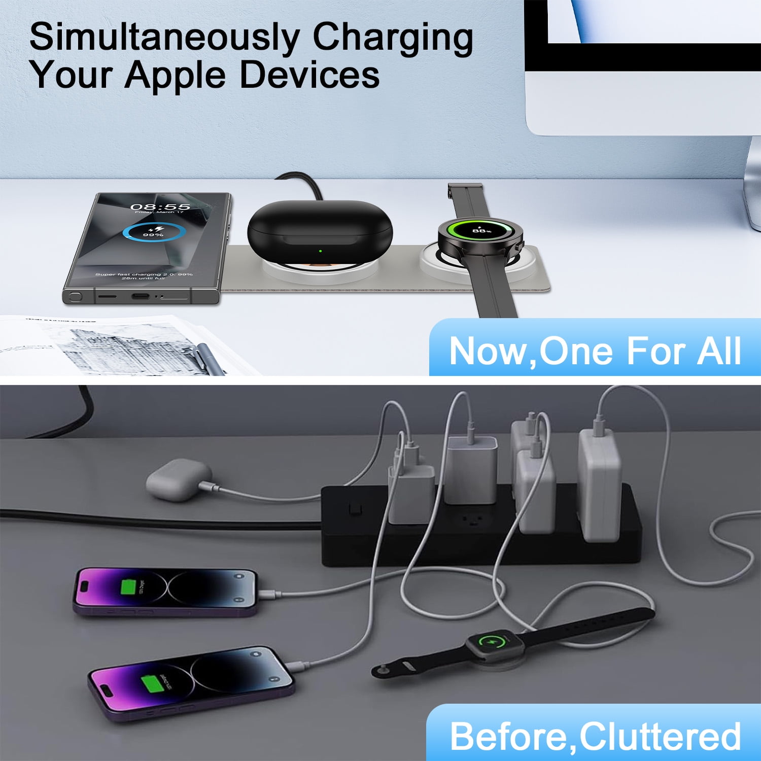 15W Samsung Wireless Charger Pad,3 in 1 Travel Foldable Watch 6 Classic Wireless Charging Station Phone Charger Stand Charging Mat Android Fast Charging dock Compatible for Samsung S25 Buds2 Pro Live