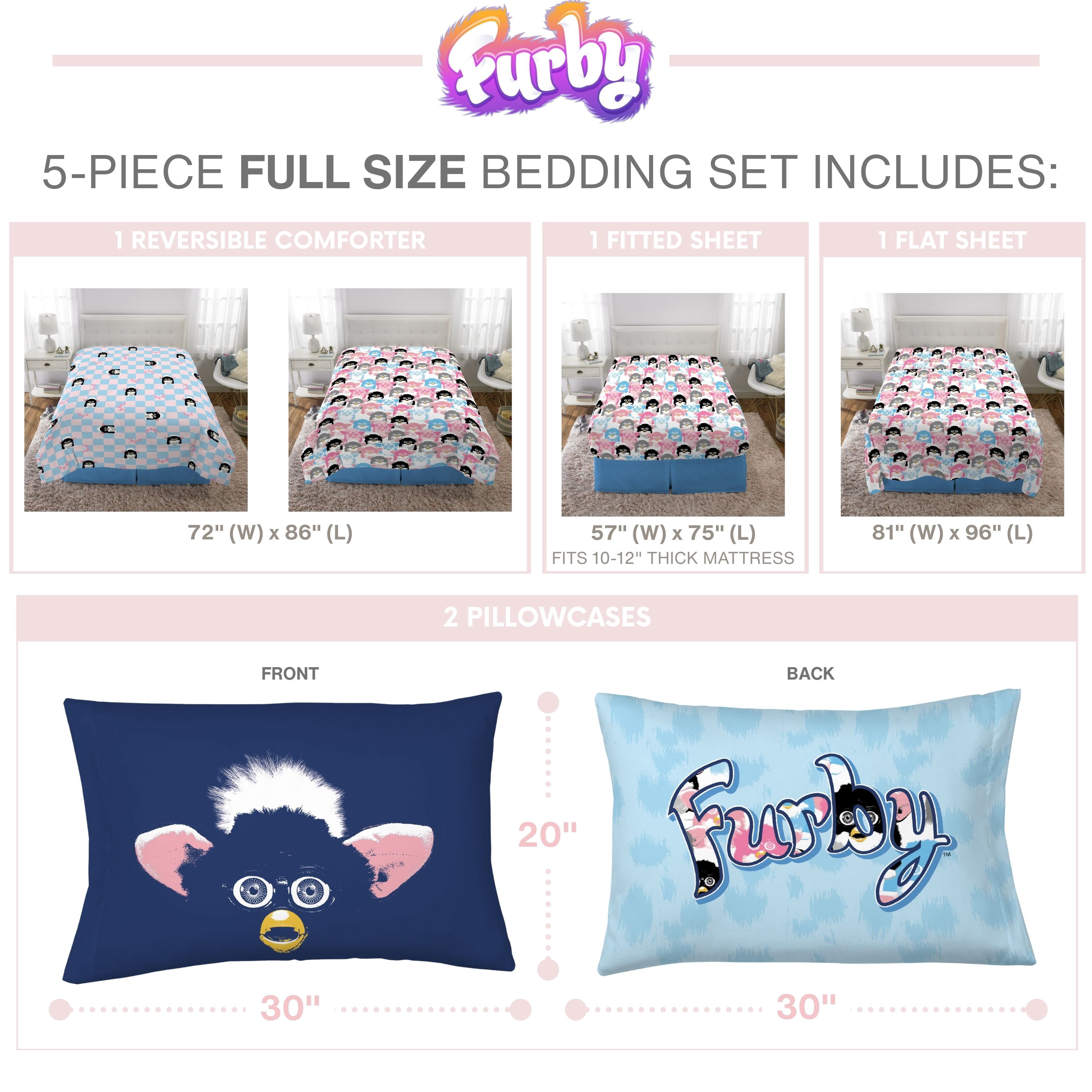 Furby Kids Full Bed in a Bag, 5Pc Bedding Set, Comforter and Sheets