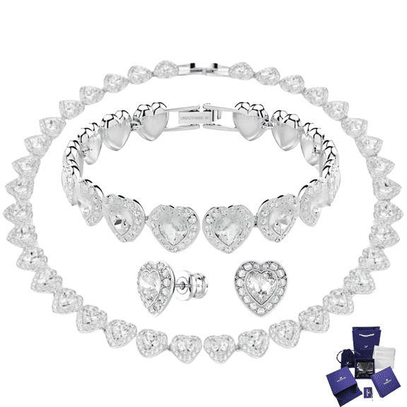 SET CONJUNTO ARIANA GRANDE CORAZONES SWAROVSKI COLLAR PULSERA ARETES PLATEADO ACCESORIOS MUJER