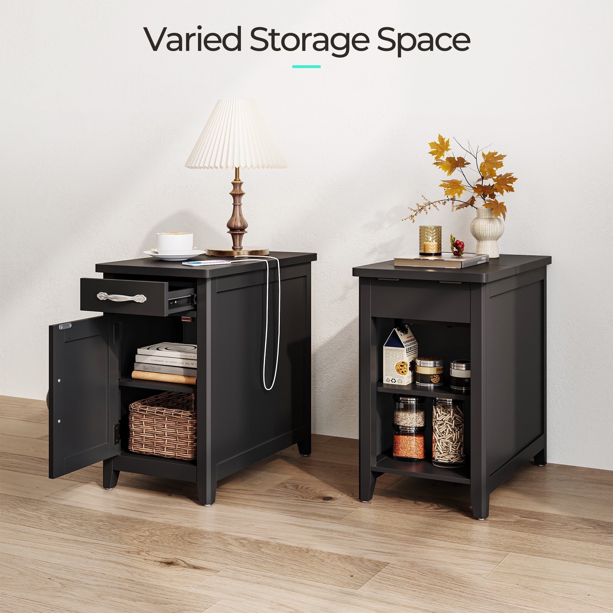 LINSY HOME End Tables for Living Room with Charging Station, Nightstand for Bedroom with Drawer and Detachable Holder,Black