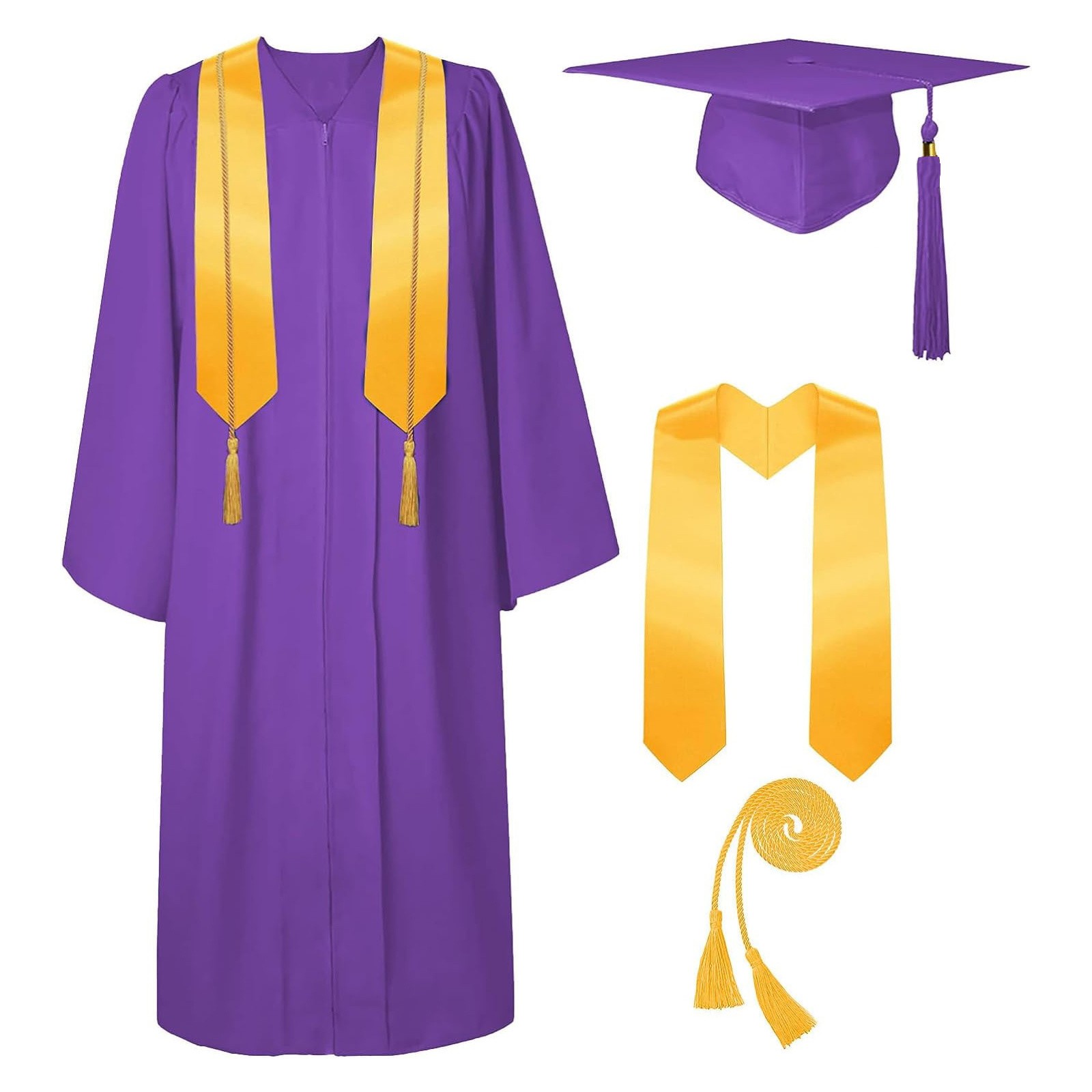 2025 Graduation Cap And Gown Set, American Woven 5-Piece Set With Tassel, Honor Cord, Graduation Stoles, Purple, 54 - Includes 1 Gown, 1 Hat, 1 Tassel, 1 Pendant, Suitable For