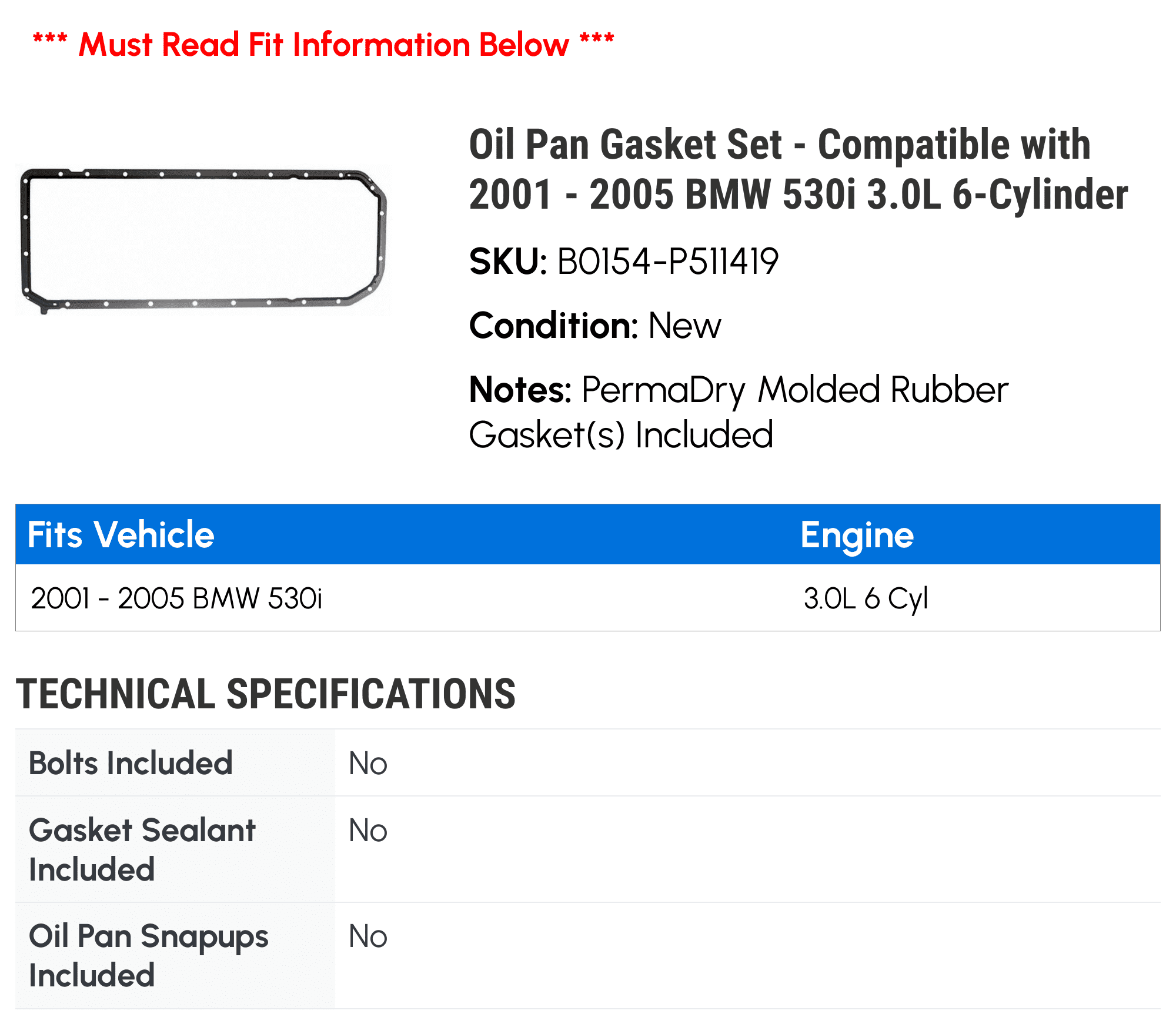 Oil Pan Gasket Set - Compatible with 2001 - 2005 BMW 530i 3.0L 6-Cylinder 2002 2003 2004