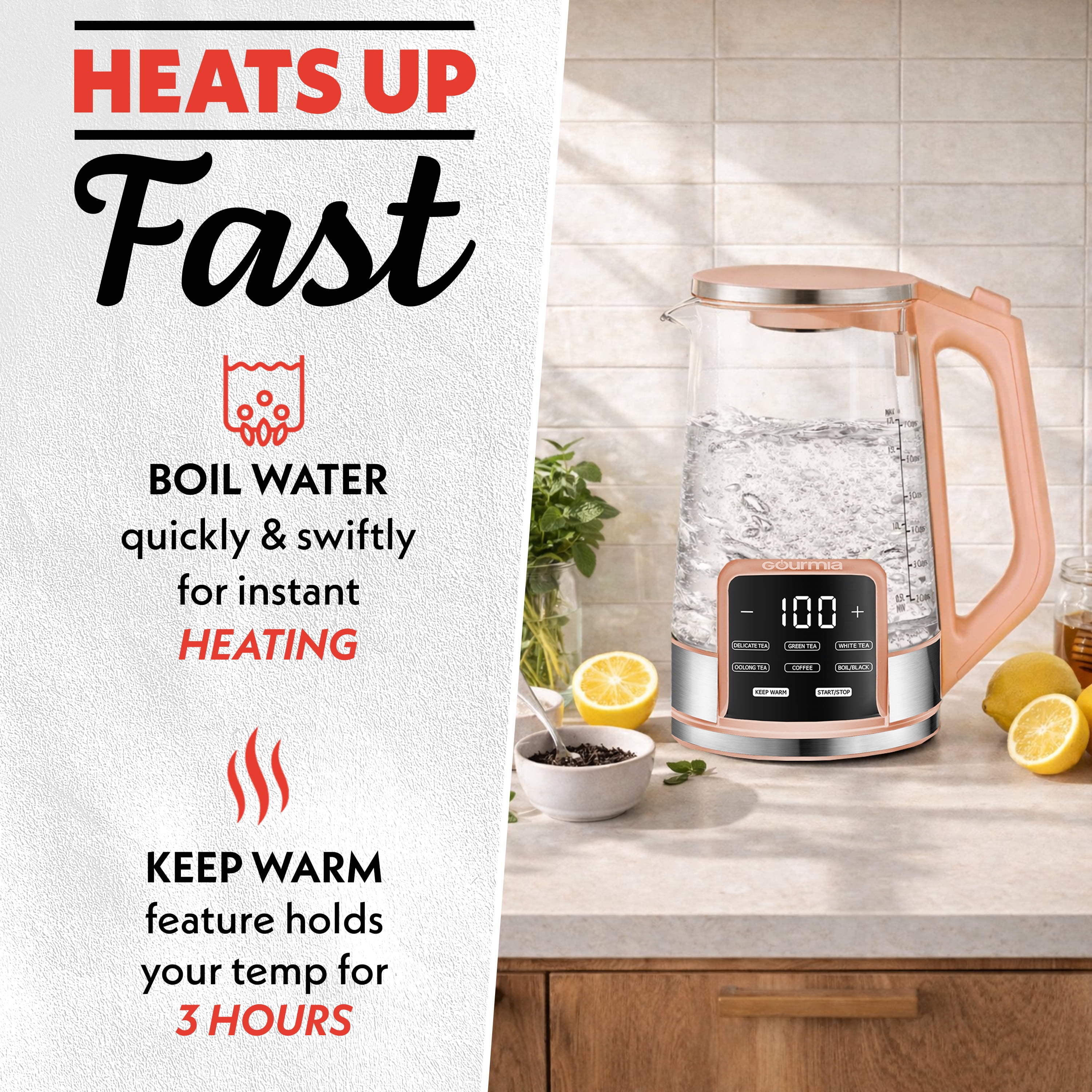 Gourmia Electric Kettle 1.7L with 6 Presets, Digital Display, and Tea Infuser, Peach