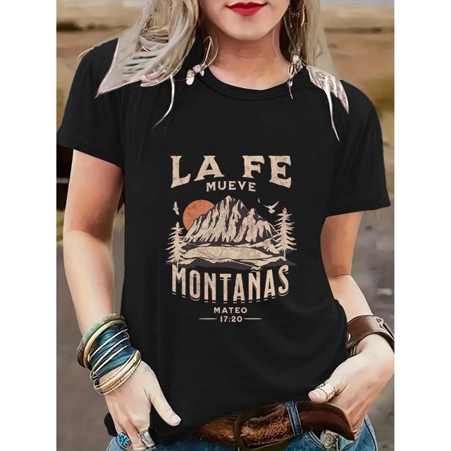 Women'S Elegant Crew Neck T-Shirt, "La Fe Mueve Montanas" Print, Regular Length, All Seasons - Black