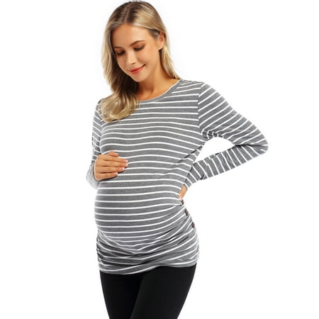 

HA-EMORE Women s Maternity Shirts Round Neck Side Button Long Sleeve Pleated Top T-shirt Grey/White S