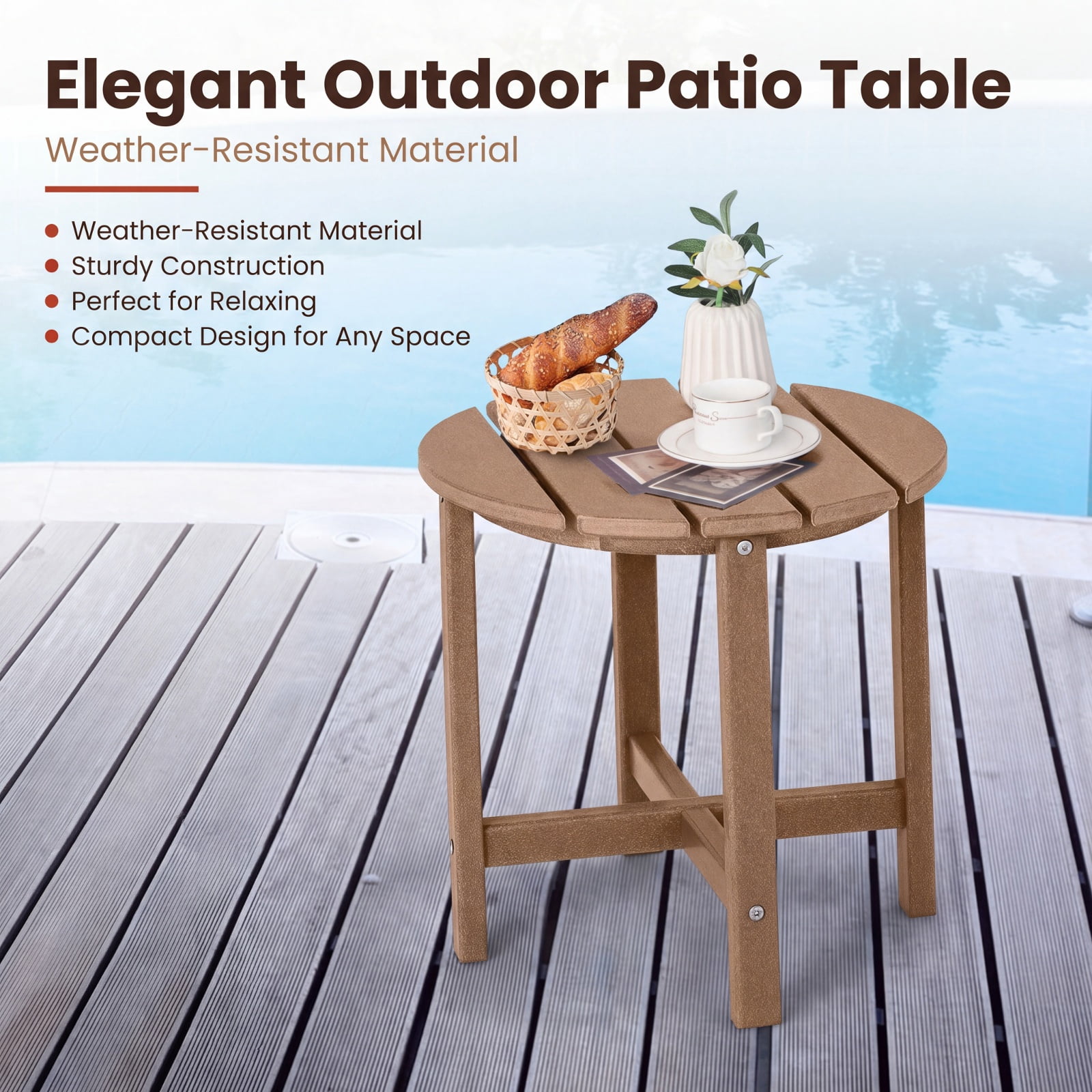 Furnibear 18 Inch Round Weather Resistant Adirondack Outdoor Side Table with Slatted Top for Patio Deck and Garden Seating, Brown