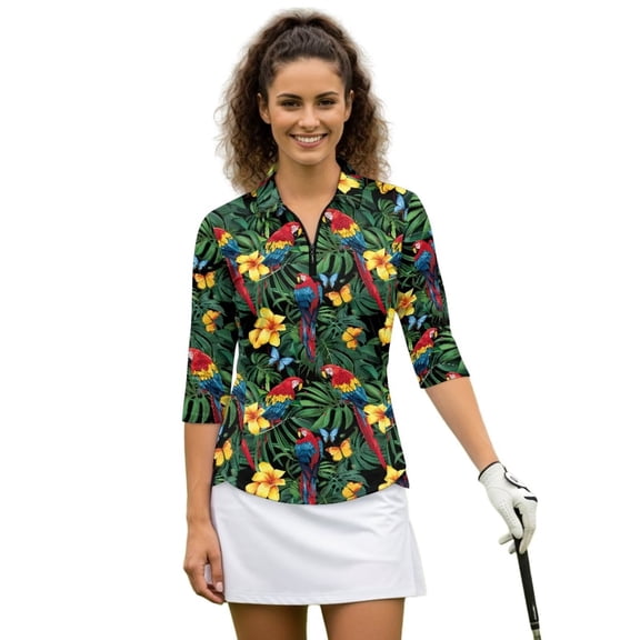 Uorisanigo Hawaiian Parrot Women's Golf Top Size S Soft Casual Long Sleeve Golf Polo Shirts with Zipper Versatile Quick Dry Athletic Tops for Workout Sports Comfortable Pullover
