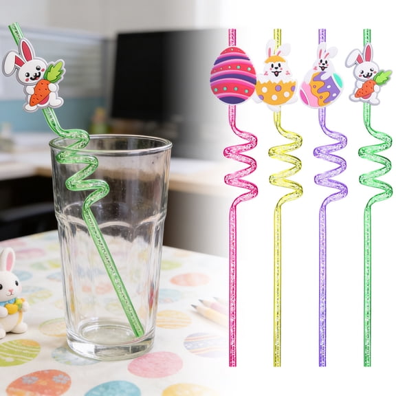 Easter Decoration Party Straw, 4PCS Resuable Straws Easter Bunny Egg Cute Animal Disposable Drinking Straws Birthday Party Favors Decor
