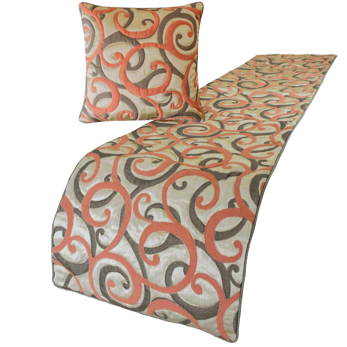 The HomeCentric King / Queen / Twin Orange Luxury King 90"x18" Bed Runner WITH Two Pillow Cover, Scroll, Jacquard & Quilted Bed Scarf on Jacquard fabric - Scroll Cascade