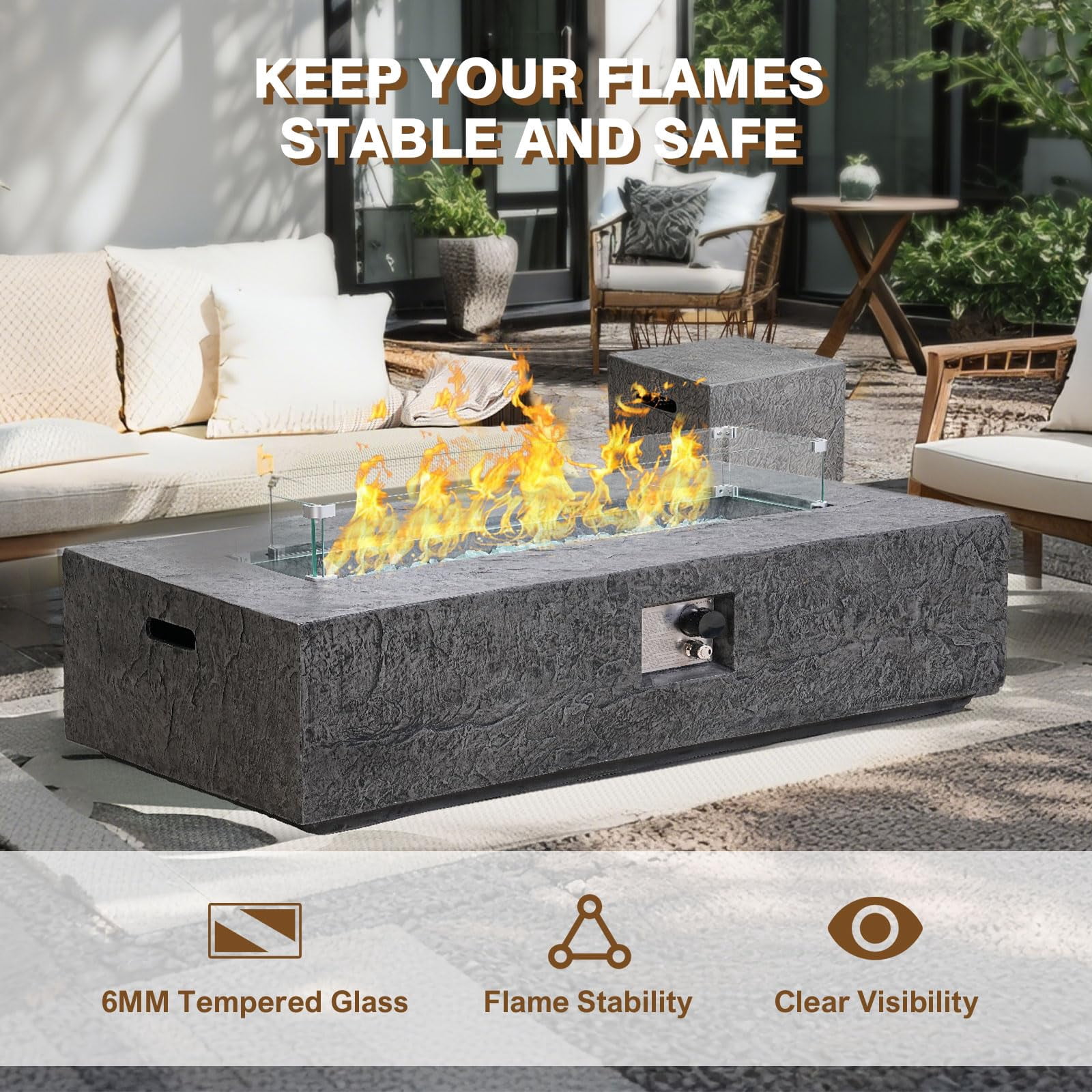 48" 3 Piece Fire Pit Set Rectangle Propane Fire Pit Table with Tank Table and Glass Wind Guard