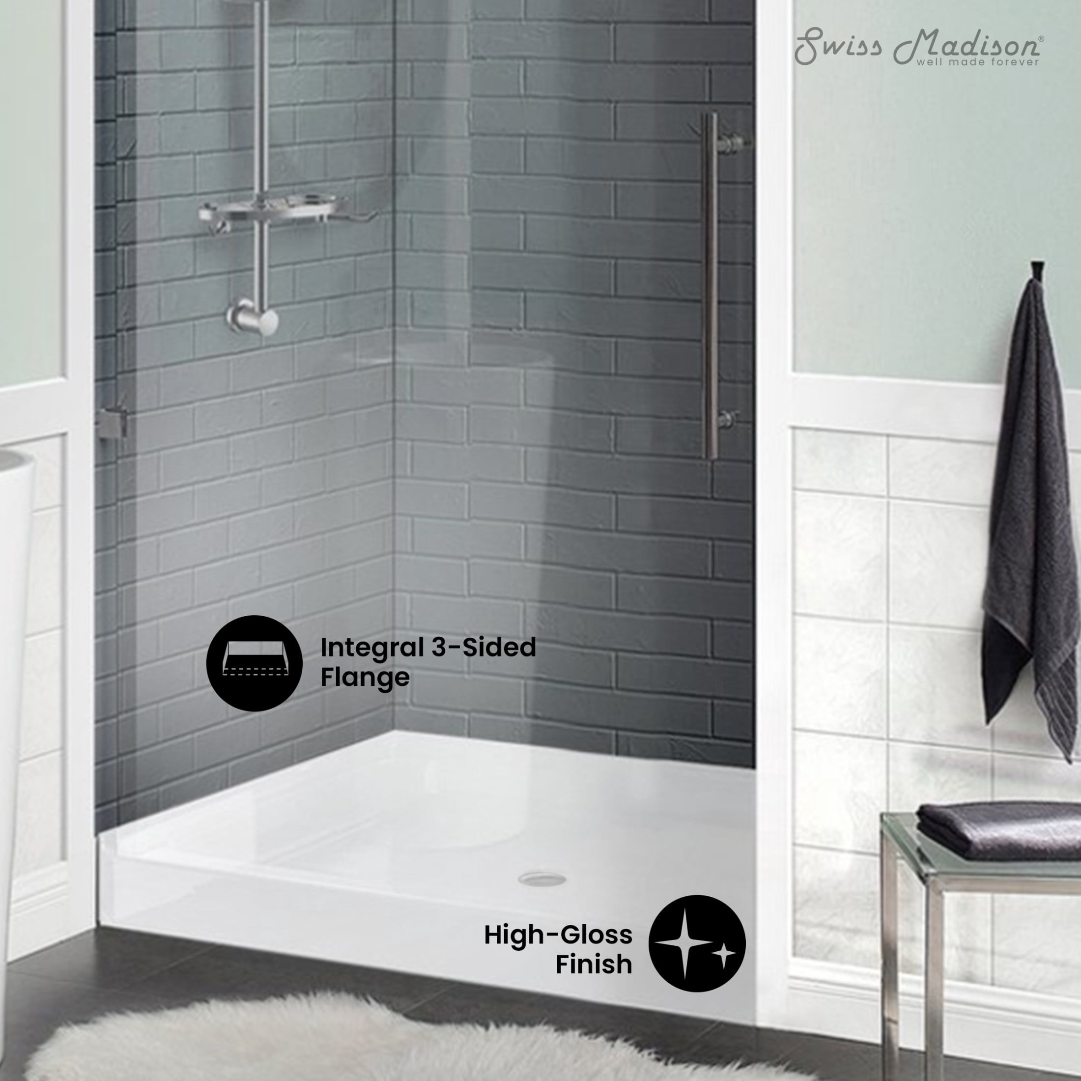 Voltaire 42" x 42" Acrylic White, Single-Threshold, Center Drain, Shower Base