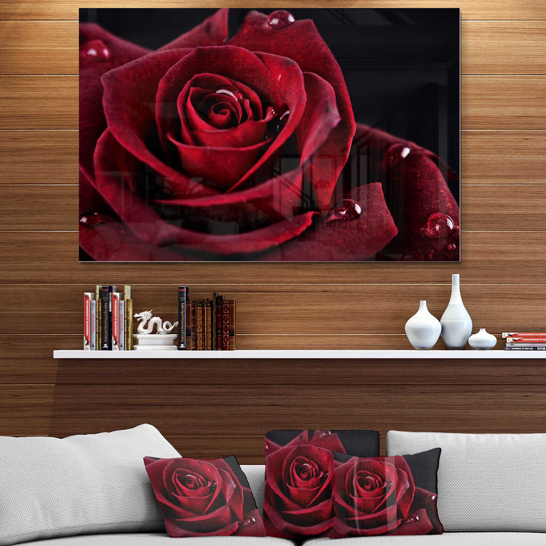 Designart 'Red Rose with Raindrops on Black' Metal Wall Art