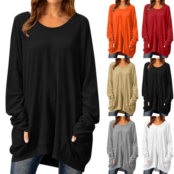 Women Oversized Long Sleeve Tunic Top Sevevn Round Neck Dual Side Pockets Loose Fit Soft Casual Daily Longline Shirts