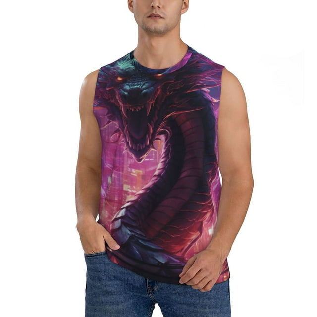 Bingfone Neon Futuristic Dragon Pattern Men's Tank Tops Workout Sleeveless Tee Shirts Running Beach Tanks for Men-Large