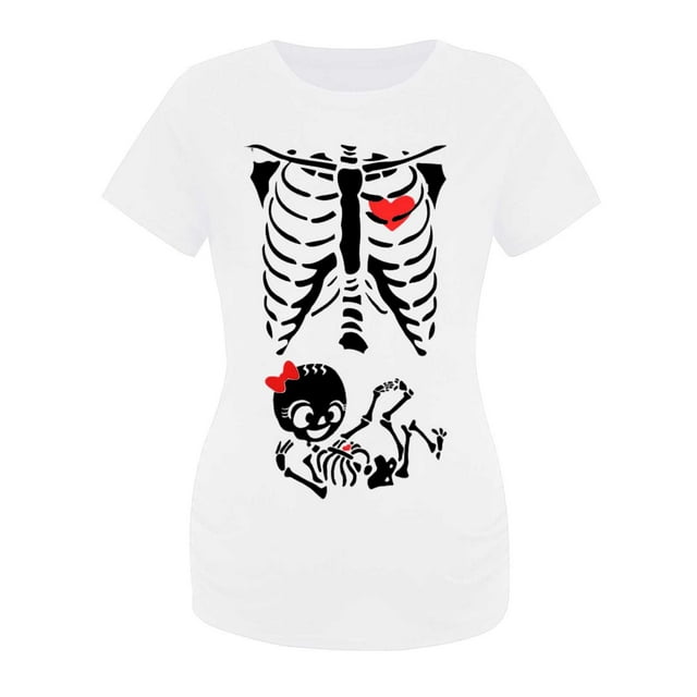 Hauts de Maternité d'Halloween pour Femmes, T-Shirt de Grossesse Amusant à Imprimé Squelette, Coupe Extensible Confortable, T-Shirt Décontracté pour Mamans