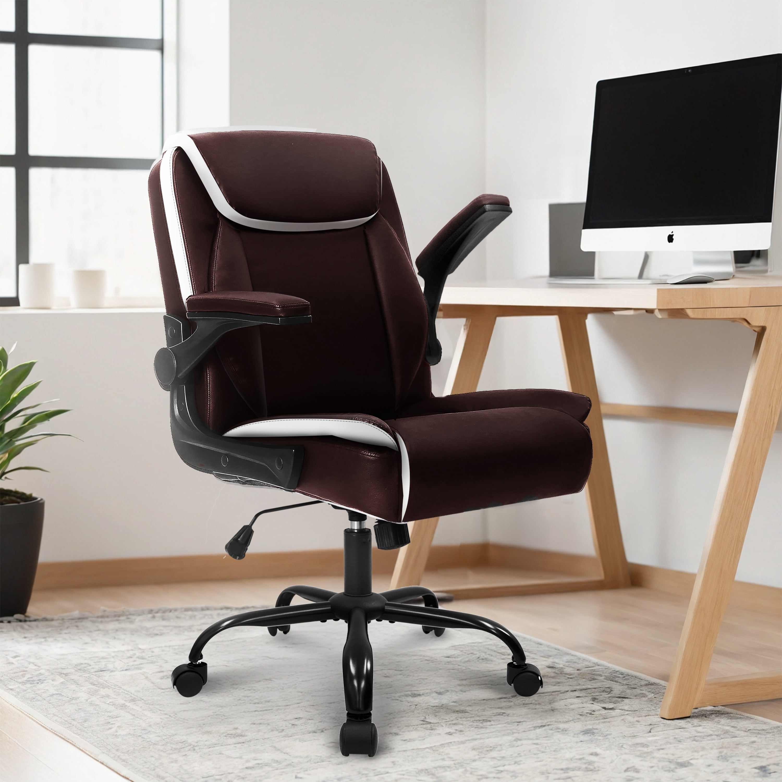 NEO CHAIR Desk Office Gaming Computer Chair Ergonomic Executive Mid-Back Leather with Adjustable Padded Flip-Up Armrests Cushion Wheels Swivel for Home Study Task (Brown)