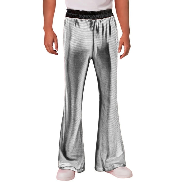 Wdgfv Mens Metallic Glitter Wide Leg Trousers Performance Shiny Disco Pants Silver S