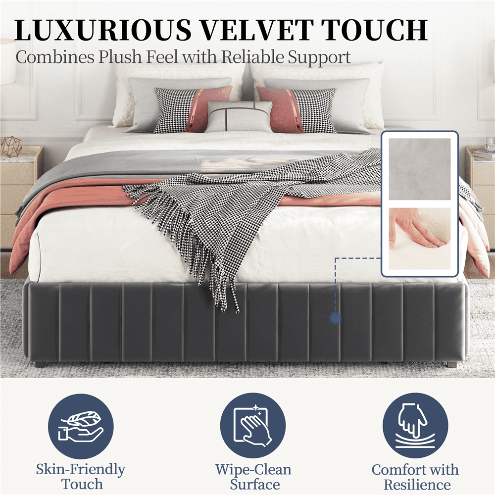 Fullfurnique Upholstered Platform Bed Frame with Three Storage Drawers, Full, Dark Gray