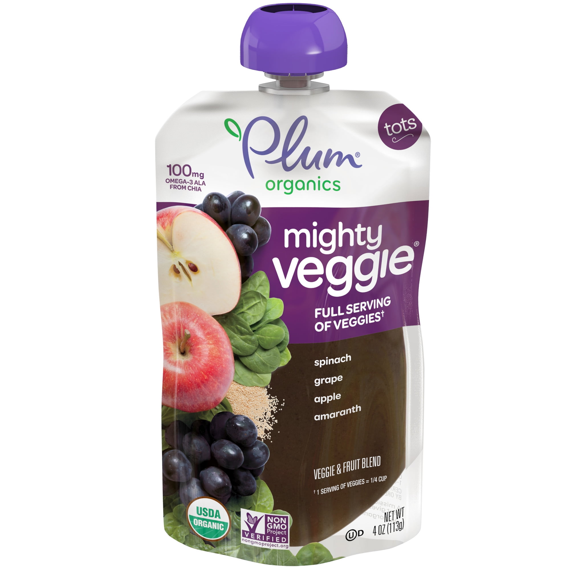 Plum Organics Mighty Veggie Toddler Food Pouch: Spinach, Grape, Apple, Amaranth - 4 oz, Baby Food