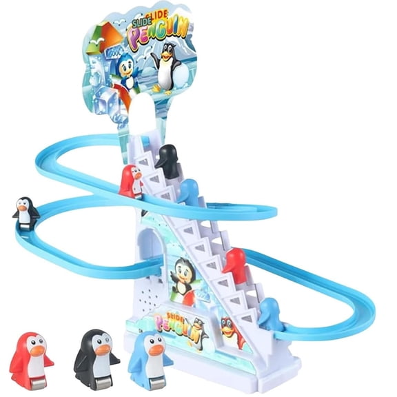 HOARBOEG Penguin Race Track Toy Set with Climbing Stairs and Slide, Electric Motorized Animal Roller Coaster Assembly Building Kit for Teens Educational STEM Learning, Adventure Playset