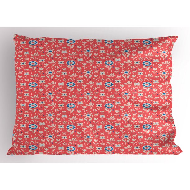 Floral Pillow Sham Graphic Garden Figures as Tulips and Daisies with Vibrant Colors, Decorative
