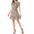 thumbnail image 4 of INSPIRE CHIC Women's Ruffle Sleeve Self-Tie V Neck Above Knee Ruffled A-Line Floral Chiffon Dress M Gray, 4 of 6