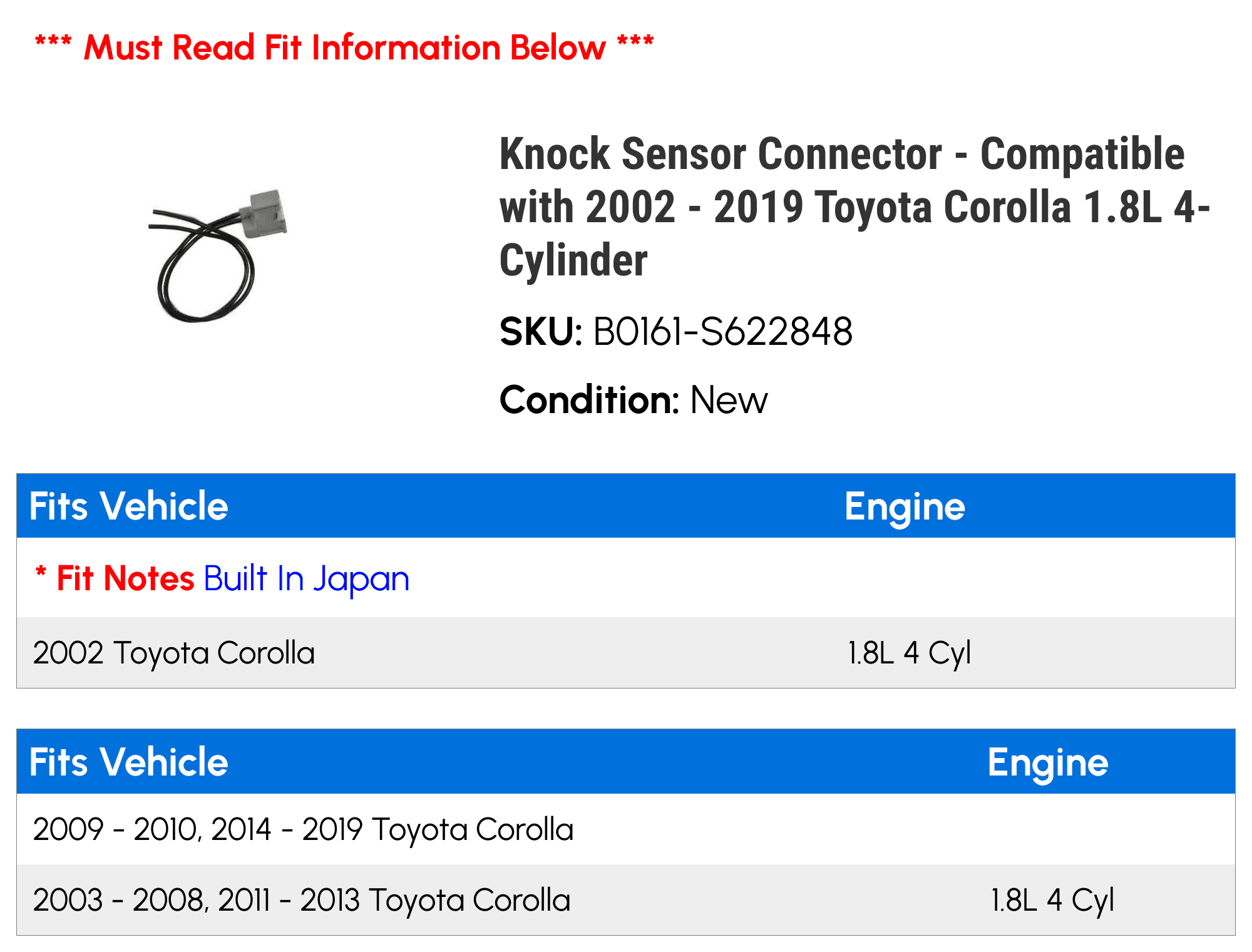 Knock Sensor Connector - Compatible with 2002 - 2019 Toyota Corolla 1.8L 4-Cylinder 2003 2004 2005 2006 2007 2008 2009 2010 2011 2012 2013 2014 2015 2016 2017 2018