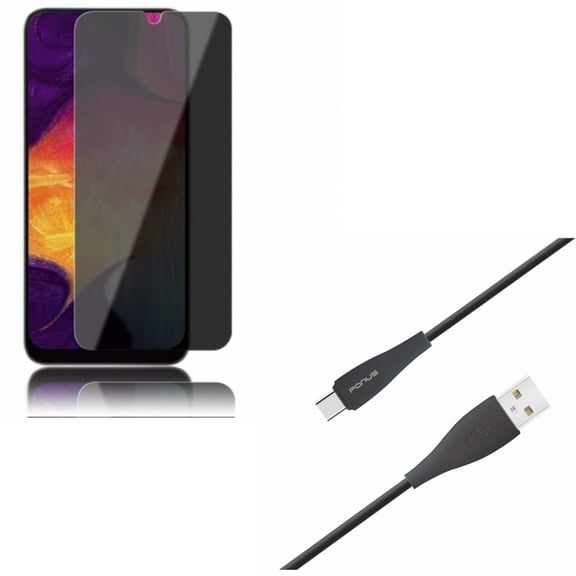 Galaxy A50/A20 Tempered Glass Privacy Screen Protector w Type-C 6ft USB Cable - Anti-Spy Anti-Peep 3D Edge, Charger Cord Power Wire for Samsung Galaxy A50/A20