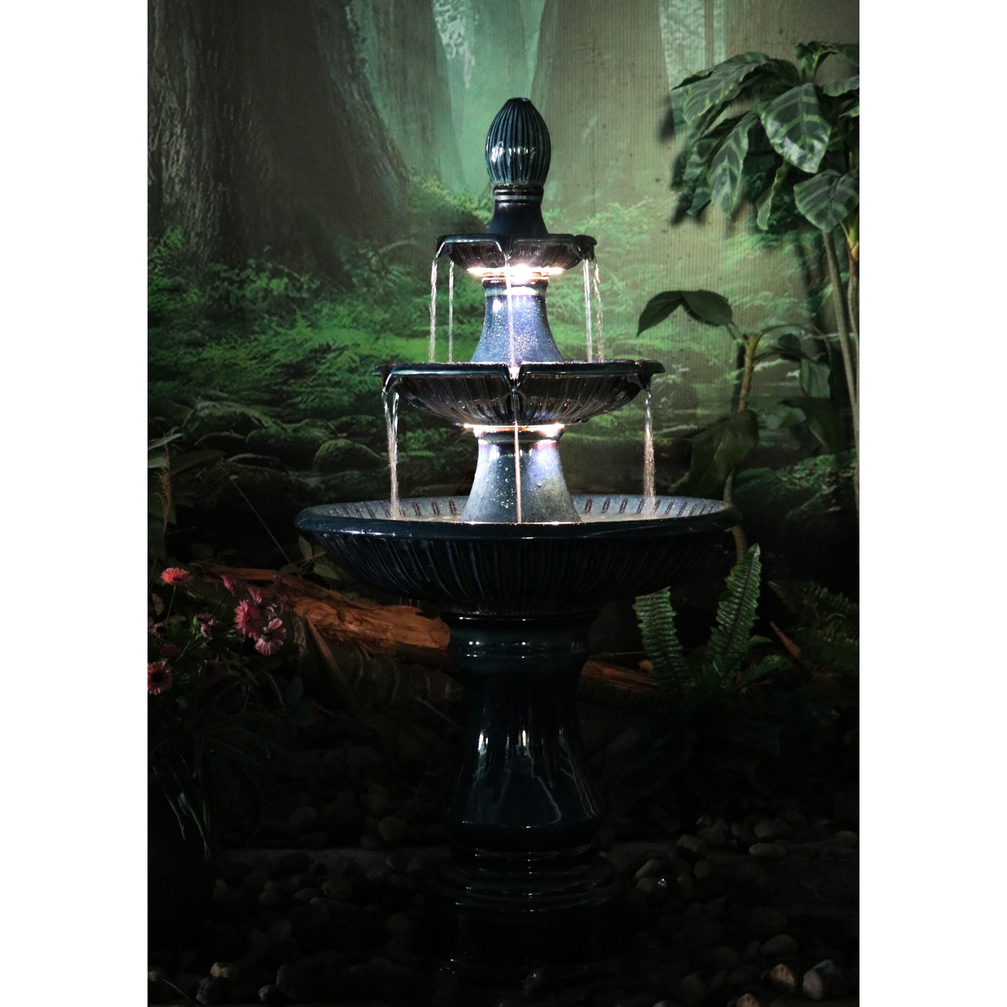 Formentera 46" High Large Italian Indoor Outdoor Decor Teal Blue Ceramic Floor Fountain with Light LED 3-Tier