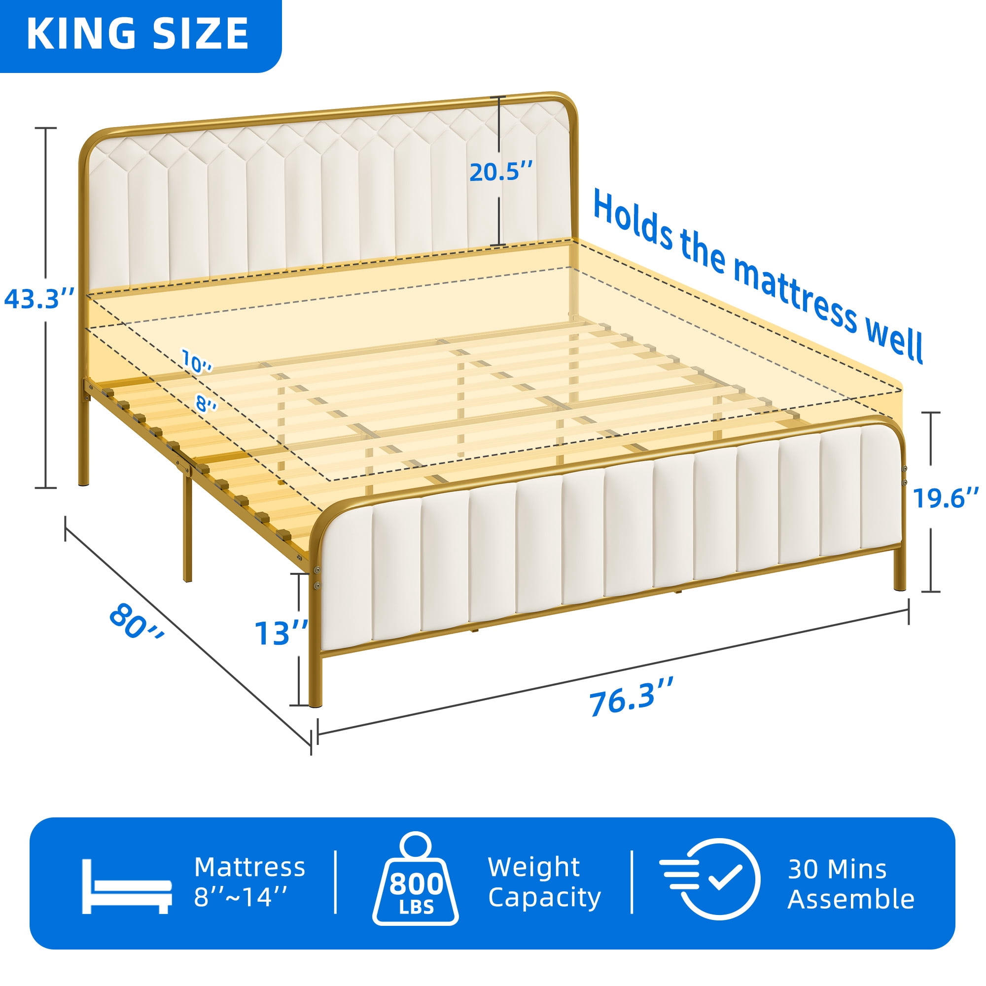 Dextrus Upholstered King Size Platform Bed Frame with Headboard, Wooden Slats Mattress Foundation with Soundproof Cotton, No Box Spring Needed, Beige