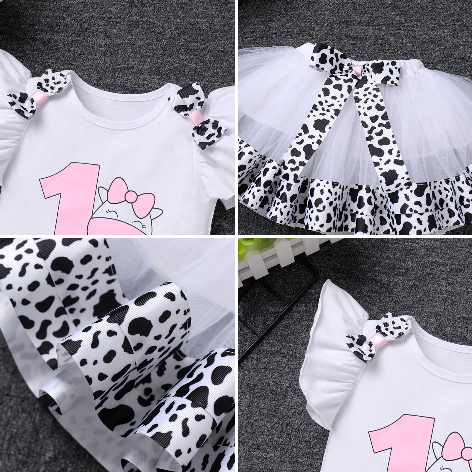 IBTOM CASTLE Baby Girl 1st Birthday Outfit Farm Cow Romper Tutu Skirt Headband Cake Smash Photo Shoot Clothes