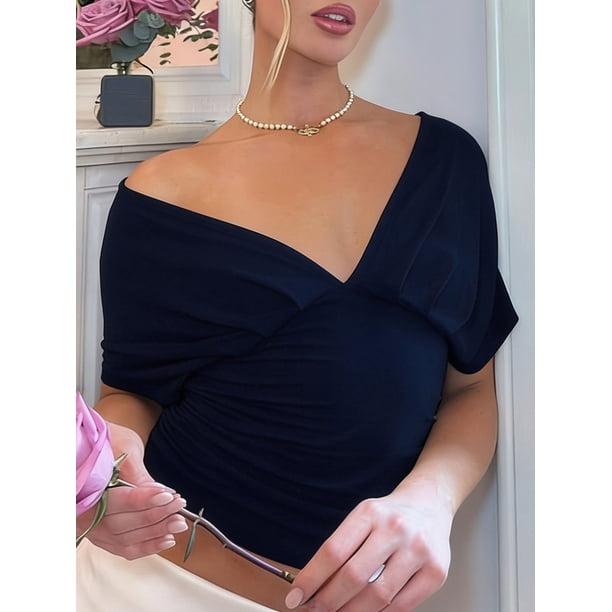 Top corto liso de verano para mujer, sin mangas, con escote en V profundo, corte ajustado, ideal para fiestas y playa.