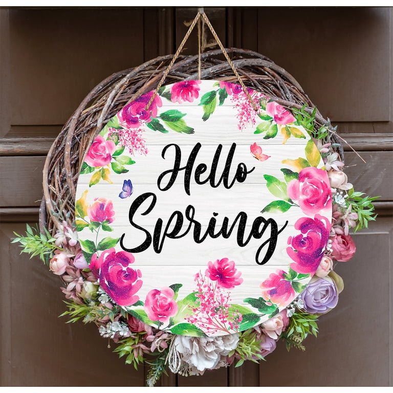 WaaHome Hello Spring Sign Wreath for Front Door Decor, Pink Purple