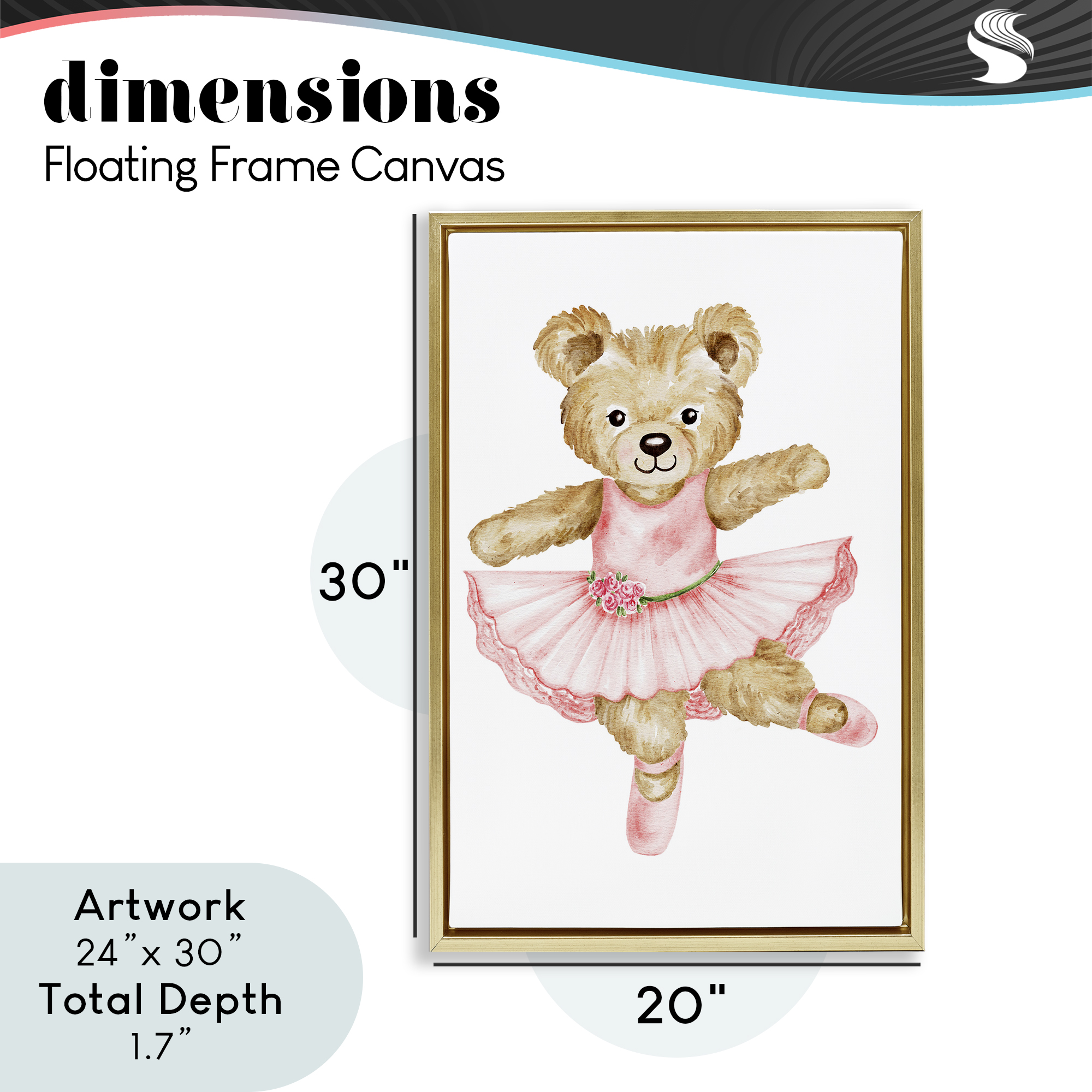 Ballerina Teddy Bear Gold Framed Floater Canvas Wall Art, design by Amy Hall