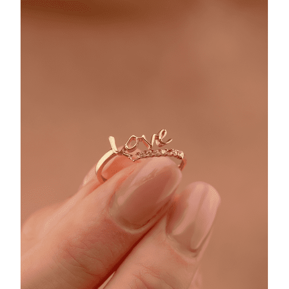 14K Solid Gold Dainty Love Script Ring