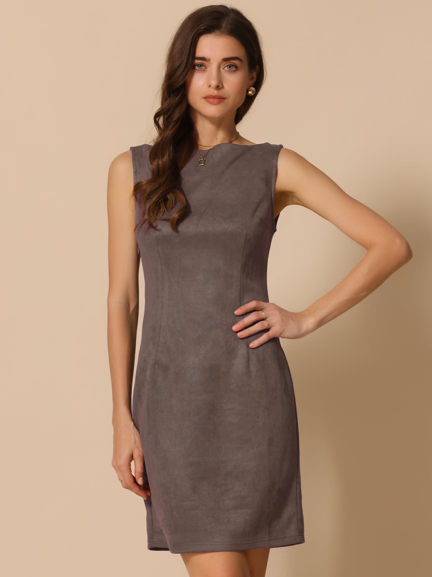 DARING DIVA Faux Suede Boat Neck Sleeveless Sheath Dress X-Large Coffee Brown