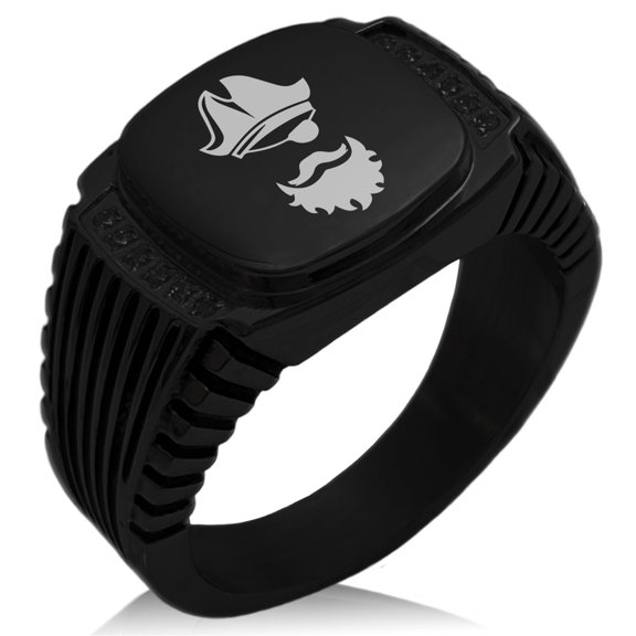 Stainless Steel Legendary Blackbeard Pirate CZ Ribbed Needle Stripe Pattern Biker Style Polished Ring