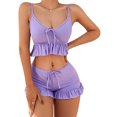 thumbnail image 4 of xiaxaixu Women Summer 2 Pieces Outfits Solid Color V-Neck Sleeveelss Camisoles Ruffle Hem Tank Tops and Shorts Set, 4 of 7