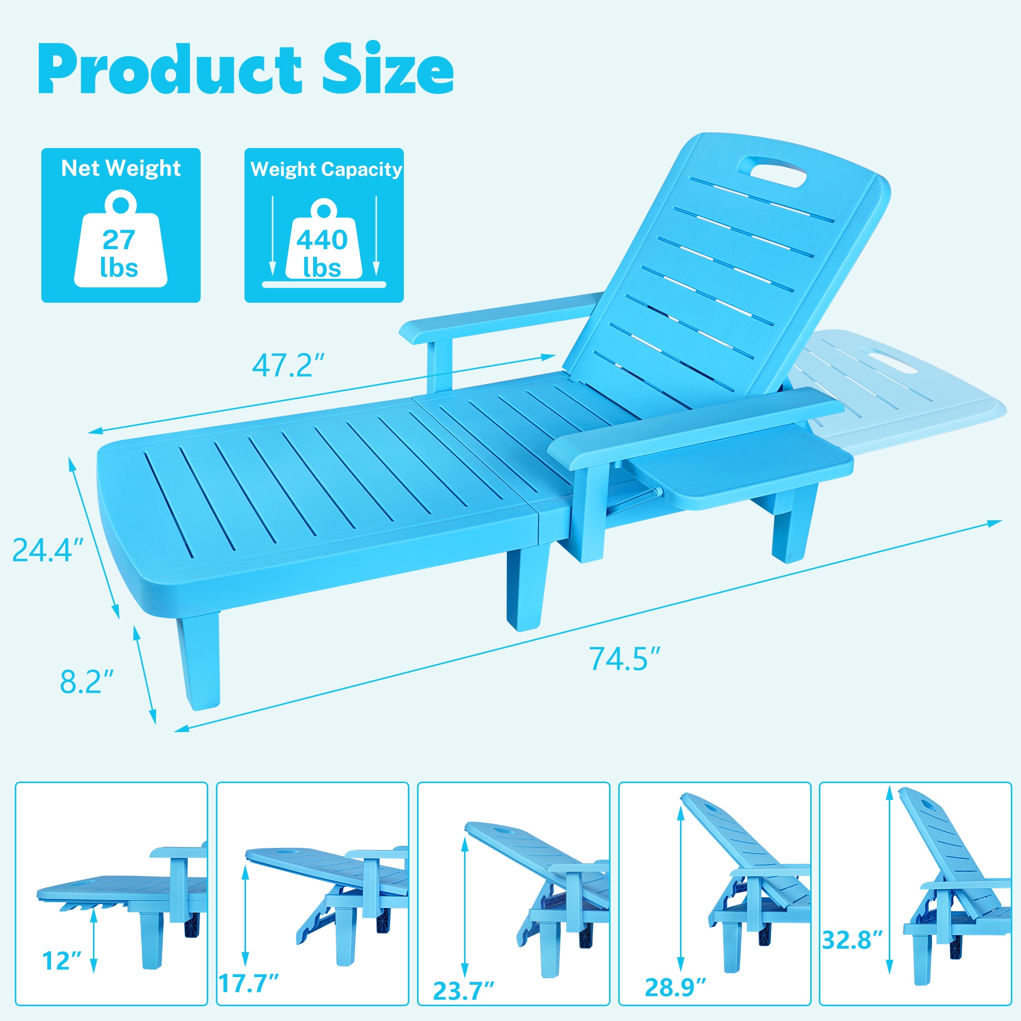 Outdoor Chaise Lounge Chair Furniture Sets of 2, Segmart Patio Pool Recliner, Chaise Chairs Set with Wide Armrest, Side Table, 5-Level Angles Adjust Backrest, Max Weight 440lbs, Blue
