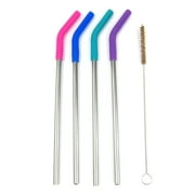 4PC Stainless Steel Metal Reusable 10.5" Straws Silicone Tips with Cleaning Brush