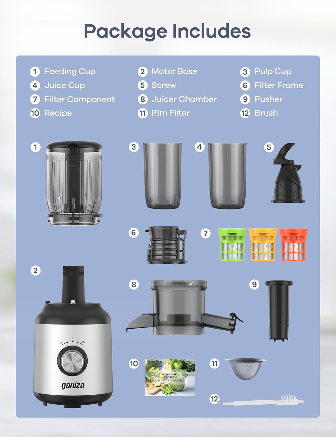 Cold Press Juicer 4.3 Inch Compact Masticating  with 3 Filters One-Touch Quiet Operation  Silver